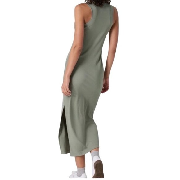 Vuori Pose Sands Ribbed stretch Sleeveless Midi Dress Oregano Olive active athle - Picture 2 of 11